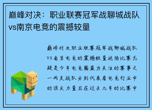 巅峰对决：职业联赛冠军战聊城战队vs南京电竞的震撼较量